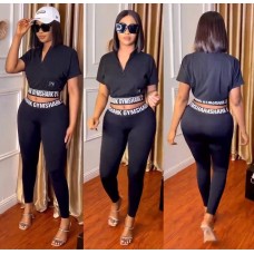 European and American women fashion casual printing black two piece set