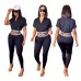 European and American women fashion casual printing black two piece set