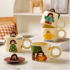 Creative Cute Mug with Lid Ceramic Distinctive Couple Water Mug Vintage Cartoon Girl Printed