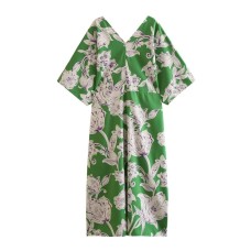 European and American New Fashion Elegant V neck Half Sleeve Green Printed Loose Dress for Women