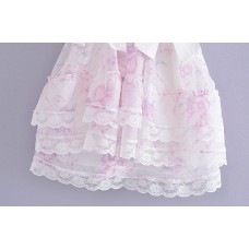 European and American New Small Fresh Square Neck Bowtie Pink Print Strap Dress for Women