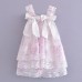 European and American New Small Fresh Square Neck Bowtie Pink Print Strap Dress for Women