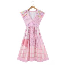 European and American New Fashion Elegant V neck Small Short Sleeve Printed Waist A line Dress for Women