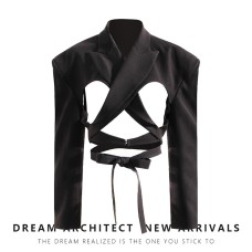 Purely Spicy Girl Cutout Backless Waist Suit Coat Women's High Grade Modern Street Photo Texture Black Top