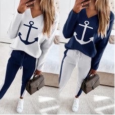 Spring New European and American Womens Boat Anchor Print Long Sleeve V Neck Fashion Casual Set