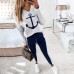 Spring New European and American Womens Boat Anchor Print Long Sleeve V Neck Fashion Casual Set