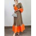 Pleated Contrast Color Dress For Women Round Collar Long Sleeve Loose Summer Female Patchwork Evening Dresses