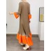Pleated Contrast Color Dress For Women Round Collar Long Sleeve Loose Summer Female Patchwork Evening Dresses