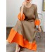 Pleated Contrast Color Dress For Women Round Collar Long Sleeve Loose Summer Female Patchwork Evening Dresses