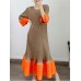 Pleated Contrast Color Dress For Women Round Collar Long Sleeve Loose Summer Female Patchwork Evening Dresses