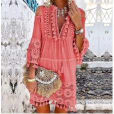 New Women's Fashion Sweet Ladies Dress Long Sleeve Dress Fringe Dress