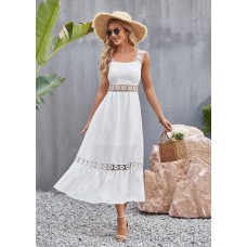 New European and American Solid Color Hollow Lace Spliced Square Neck Sleeveless Strap Dress