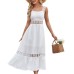 New European and American Solid Color Hollow Lace Spliced Square Neck Sleeveless Strap Dress