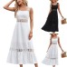 New European and American Solid Color Hollow Lace Spliced Square Neck Sleeveless Strap Dress