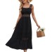 New European and American Solid Color Hollow Lace Spliced Square Neck Sleeveless Strap Dress