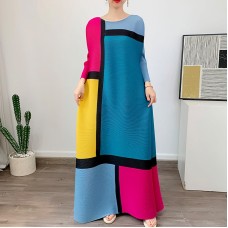 Contrast Color Pleated Maxi Dress of Women O-neck Three Quarter Sleeve Fashion Color Matching Long Dresses Summer New