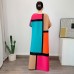 Contrast Color Pleated Maxi Dress of Women O-neck Three Quarter Sleeve Fashion Color Matching Long Dresses Summer New
