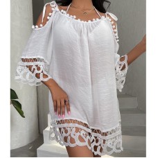 European And American Bamboo Knot Lace Beach Cover Up Sexy Hollow Out One Line Neck Vacation Sun Protection Swimsuit Cover Up