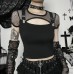Dark trendsetter slim fitting and versatile mesh patchwork short sleeved top for women