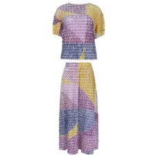 Summer Women's Color Contrast Top Fashion Suit Loose Casual Skirt Pleated Two-Piece Women's