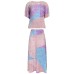 Summer Women's Color Contrast Top Fashion Suit Loose Casual Skirt Pleated Two-Piece Women's