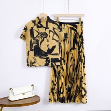 Pleated Fashion Set Corn Kernel High Neck Short Sleeve Top Elastic Waist Skirt High Grade Two Piece Set