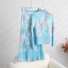 Fashion Print Pleated 2 Pieces Set Women's Round Neck Long Sleeves Slim Top High Waist Spliced Female Clothes