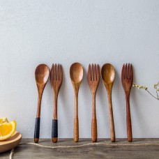 Japanese Nanmu Winding Spoon and Fork Set Wooden Coffee Stirring Spoon Wooden Spoon and Fork