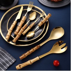 Natural Bamboo Handle Stainless Steel Tableware, Dessert Salad Spoon Fork, Bamboo Joint Handle, Western Food Steak Knife