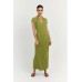 Green Cotton Lapel Knitted Pit Stripe Maxi Dress Short-sleeved V-neck Waist Closure Dresses Female Casual Slim Long Dress