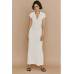 Green Cotton Lapel Knitted Pit Stripe Maxi Dress Short-sleeved V-neck Waist Closure Dresses Female Casual Slim Long Dress