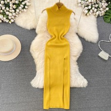 Knitted Stand Collar Women Dresses Sleeveless Vintage Summer Sexy Vestidos Korean Fashion High Waist Long Dress Knitted Stand Collar Women Dresses Sleeveless Vintage Summer Sexy Vestidos Korean Fashion High Waist Long Dress
