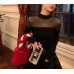 GetSpring Women T Shirt Full Sleeves Stand Collar Organza Perspective Black Tshirt Sexy Bottoming Short Black Tee Shirt Spring