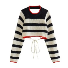 TRAF Woman Knitted Sweater Fashion Stripe Backless Long Sleeve O-neck Pullover Female Sweaters Chic Tops