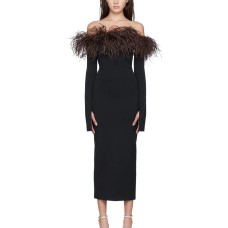 DEAT New Women's Patchwork Feather Fashion Suspender Dress Zipper Slim Long Sleeve Sexy Strapless Dresses  Spring 13DB51