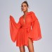 Modphy  Summer New Flare Long Sleeve V-neck Bright Pleated Women Sexy Empire Waist Party Chiffon Dress Draped Vestidos