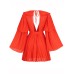 Modphy  Summer New Flare Long Sleeve V-neck Bright Pleated Women Sexy Empire Waist Party Chiffon Dress Draped Vestidos