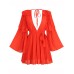 Modphy  Summer New Flare Long Sleeve V-neck Bright Pleated Women Sexy Empire Waist Party Chiffon Dress Draped Vestidos