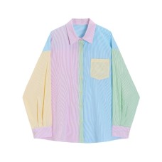 Fashion Colorful Long Sleeve Shirt For Women Contrast Color Spliced Loose Fit Single Breasted Tops