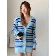 stitching striped cardigan sweater women fringe knitwear autumn winter retro V-neck knitwear