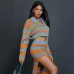 Stripe color matching lapel zippered cardigan split knit long skirt set