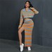 Stripe color matching lapel zippered cardigan split knit long skirt set