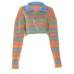 Stripe color matching lapel zippered cardigan split knit long skirt set