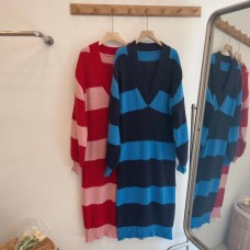 V-neck Wool Dress For Women Loose Bottomed Long Knitted Dresses