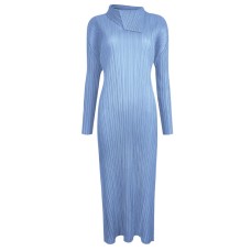 Solid Color Folding Collar Long Sleeve Pleated Loose Waist Dress For Women Solid Color Folding Collar Long Sleeve Pleated Loose Waist Dress For Women