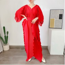 Fashion Pleated Dress For Women V-neck Half Sleeves Loose Belt Dresses