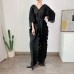 Fashion Pleated Dress For Women V-neck Half Sleeves Loose Belt Dresses