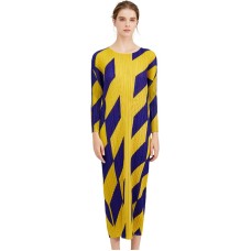 Round Collar Long Sleeve Contrast Color Loose Waist Pleated Dress
