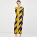 Round Collar Long Sleeve Contrast Color Loose Waist Pleated Dress