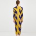 Round Collar Long Sleeve Contrast Color Loose Waist Pleated Dress